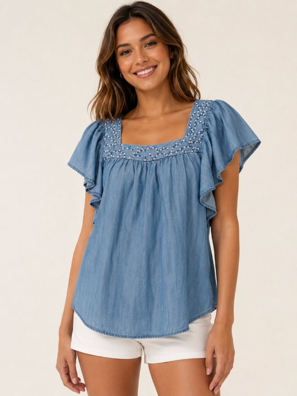 Liz Claiborne Woman 1X Chambray Embroidered Flutter Sleeve Blouse Boho Peasant